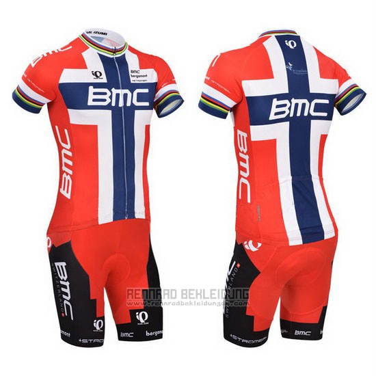 2014 Fahrradbekleidung BMC Champion Norwegen Blau und Rot Trikot Kurzarm und Tragerhose